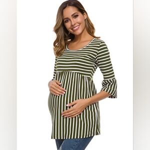Womens Casual Maternity Top Striped Peplum 3/4 Ruffle Sleeve Shirt Ultra Soft